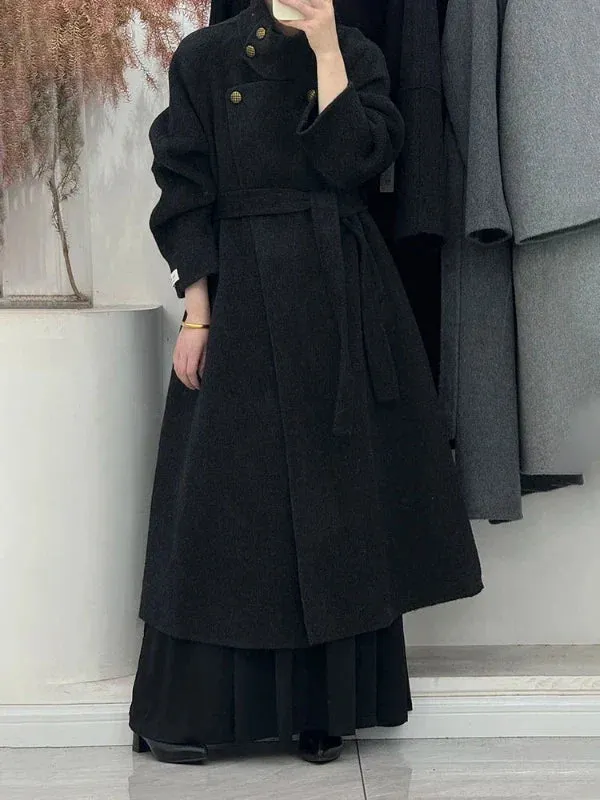 Wenkouban-Winter outfits Christmas Stand Neck Single Breasted Warm Maxi Wool Coat with Belt