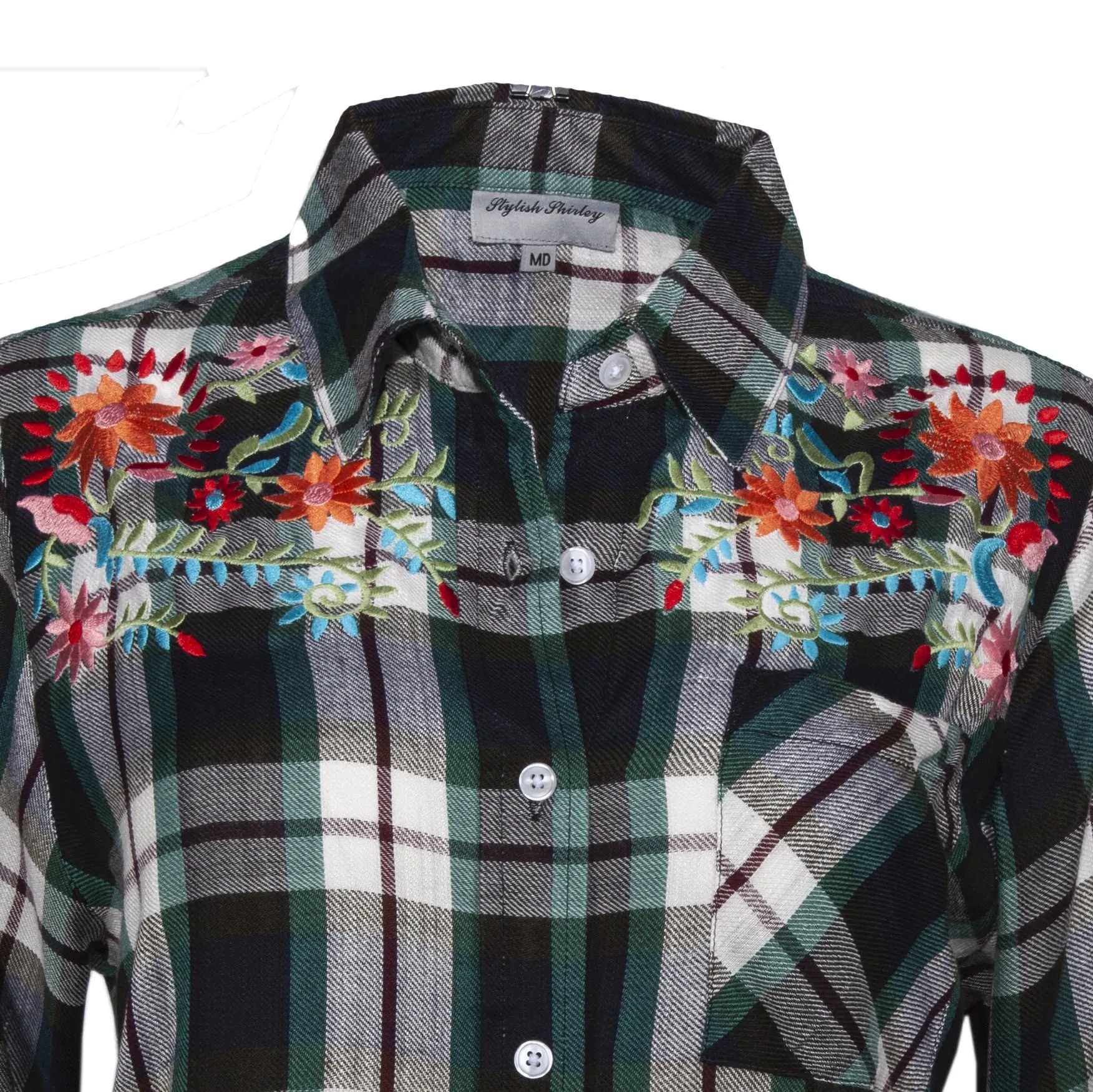 Women's Long Sleeves, Button Down, Rayon Plaid Shirt with a Floral Embroidery. Black/White. Style #8468