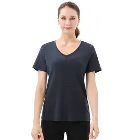 Women's Merino 200g V-Neck Short Sleeve T-Shirt Black Grey Stripes