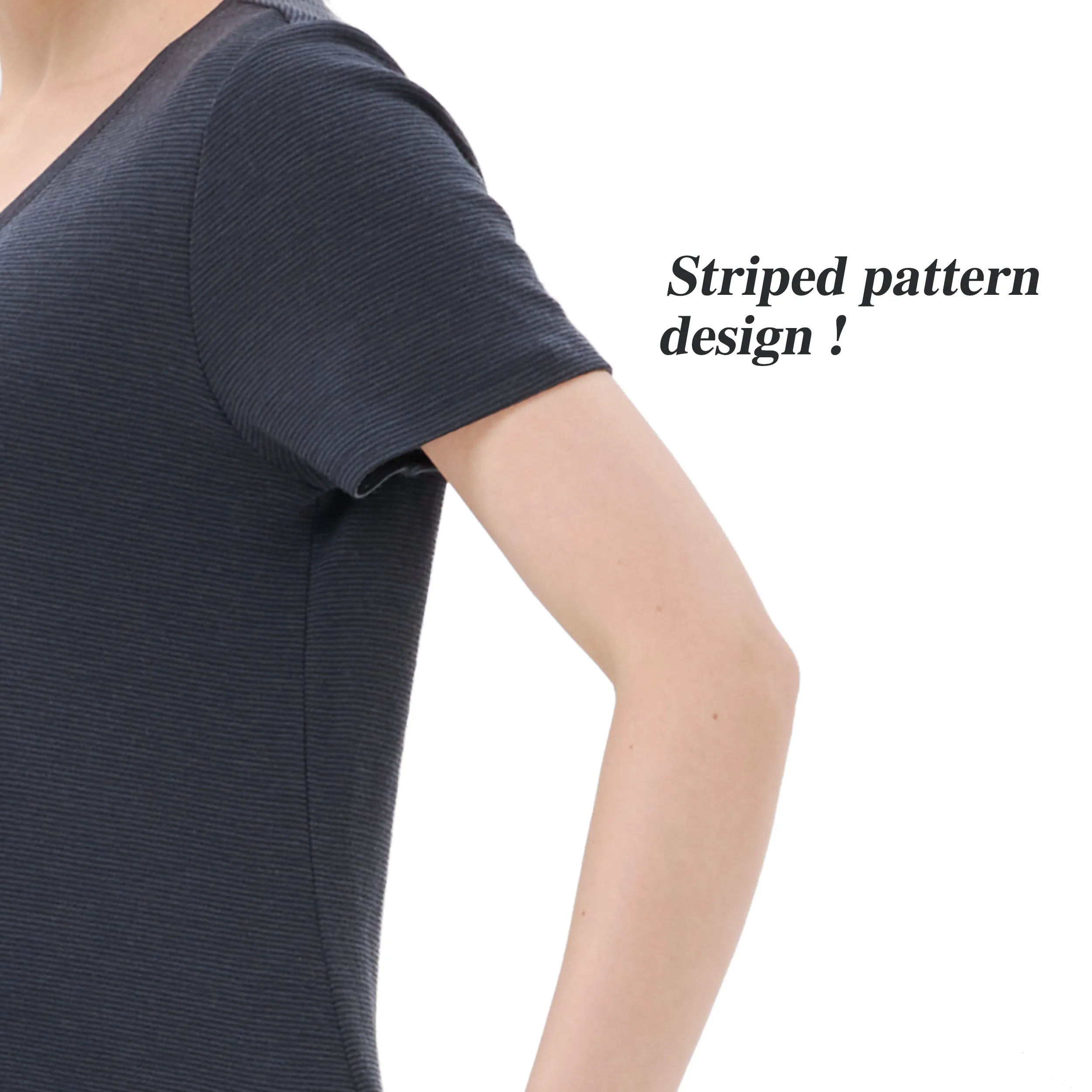 Women's Merino 200g V-Neck Short Sleeve T-Shirt Black Grey Stripes