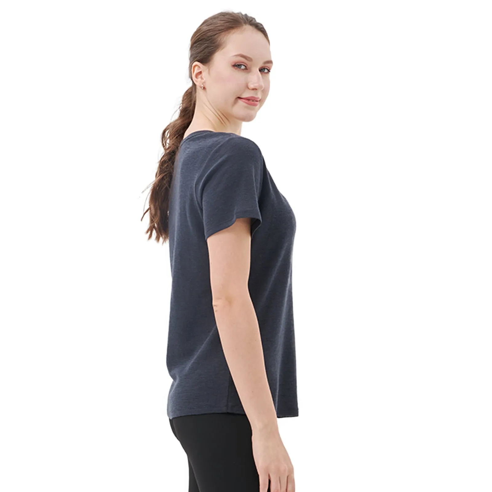 Women's Merino 200g V-Neck Short Sleeve T-Shirt Black Grey Stripes