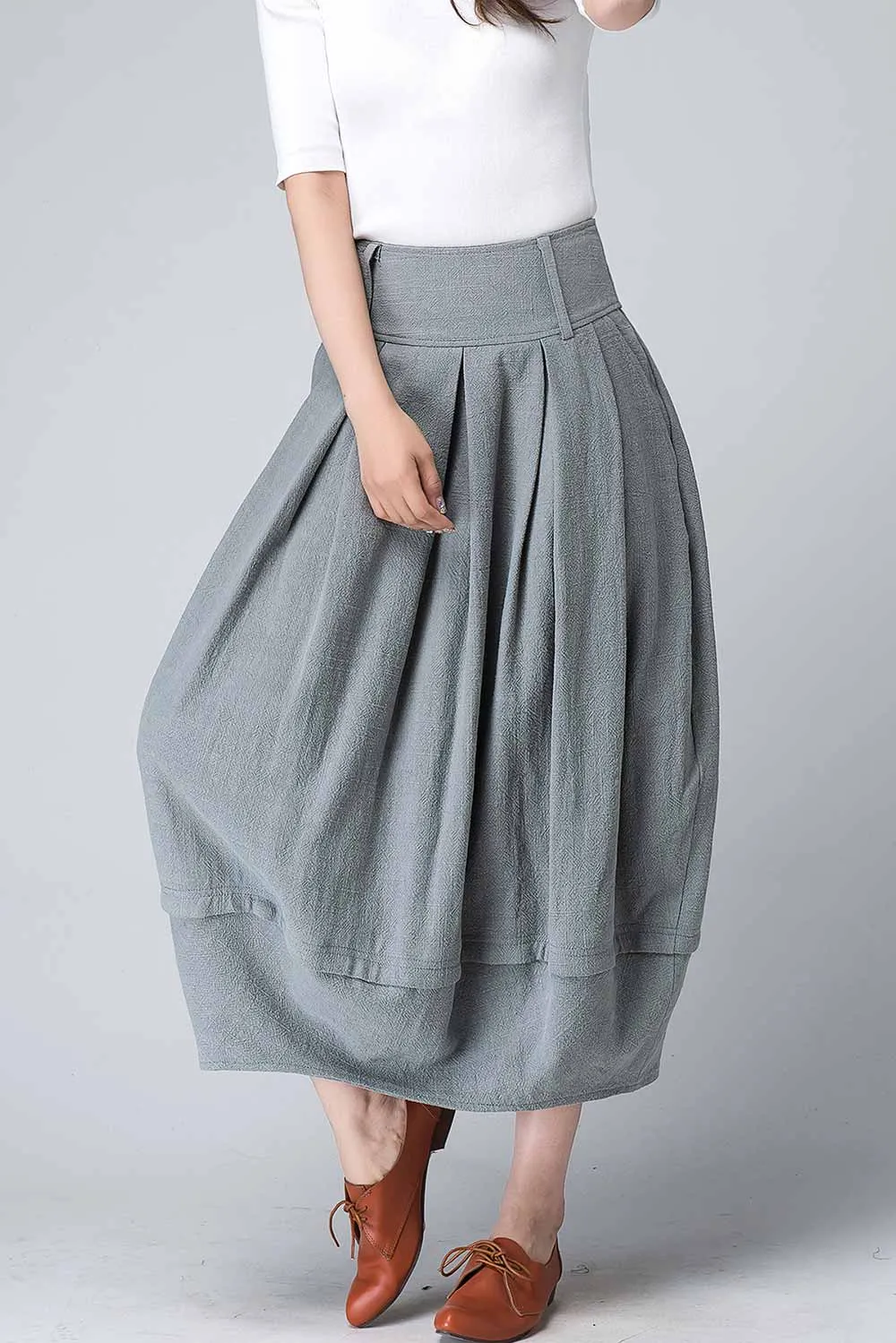 Women's pleated bubble linen skirt in Grey 1503#