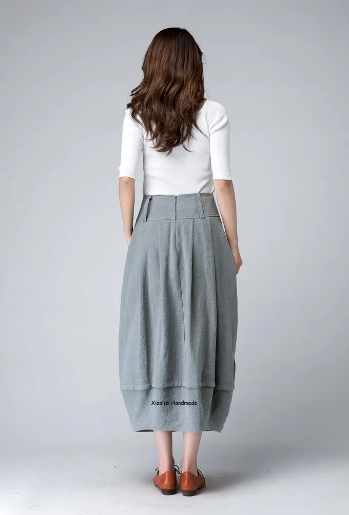 Women's pleated bubble linen skirt in Grey 1503#