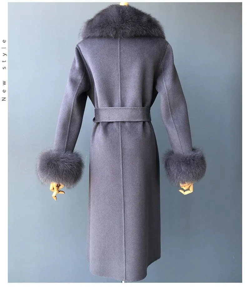 Women's Wool Coat with Spring Real Fox Fur Collar