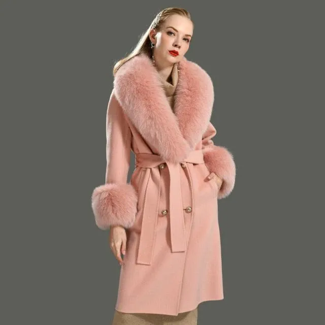 Women's Wool Coat with Spring Real Fox Fur Collar