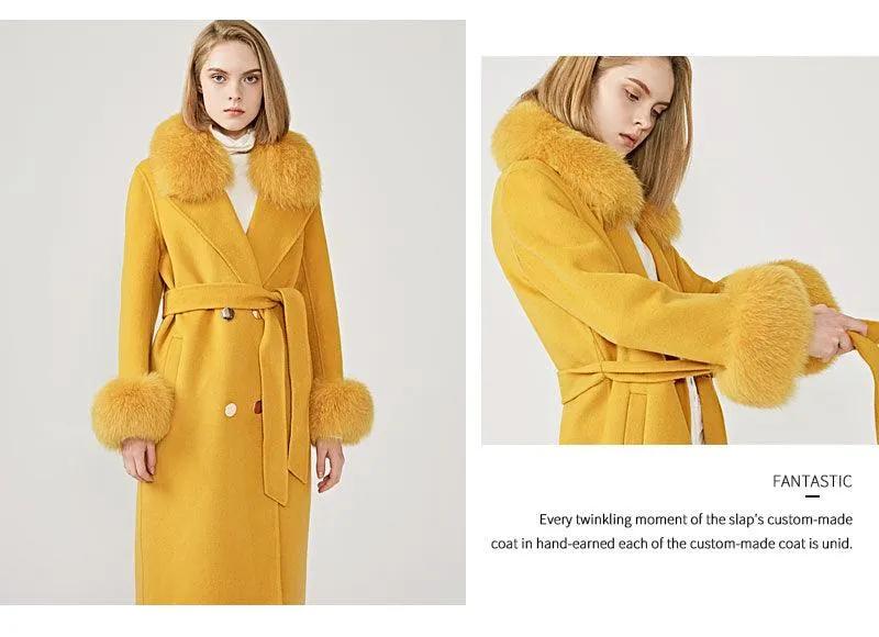 Women's Wool Coat with Spring Real Fox Fur Collar