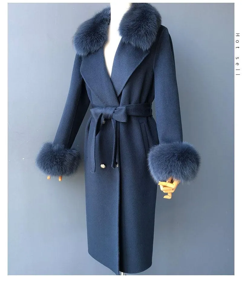 Women's Wool Coat with Spring Real Fox Fur Collar