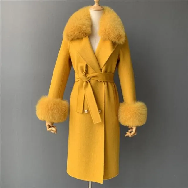 Women's Wool Coat with Spring Real Fox Fur Collar