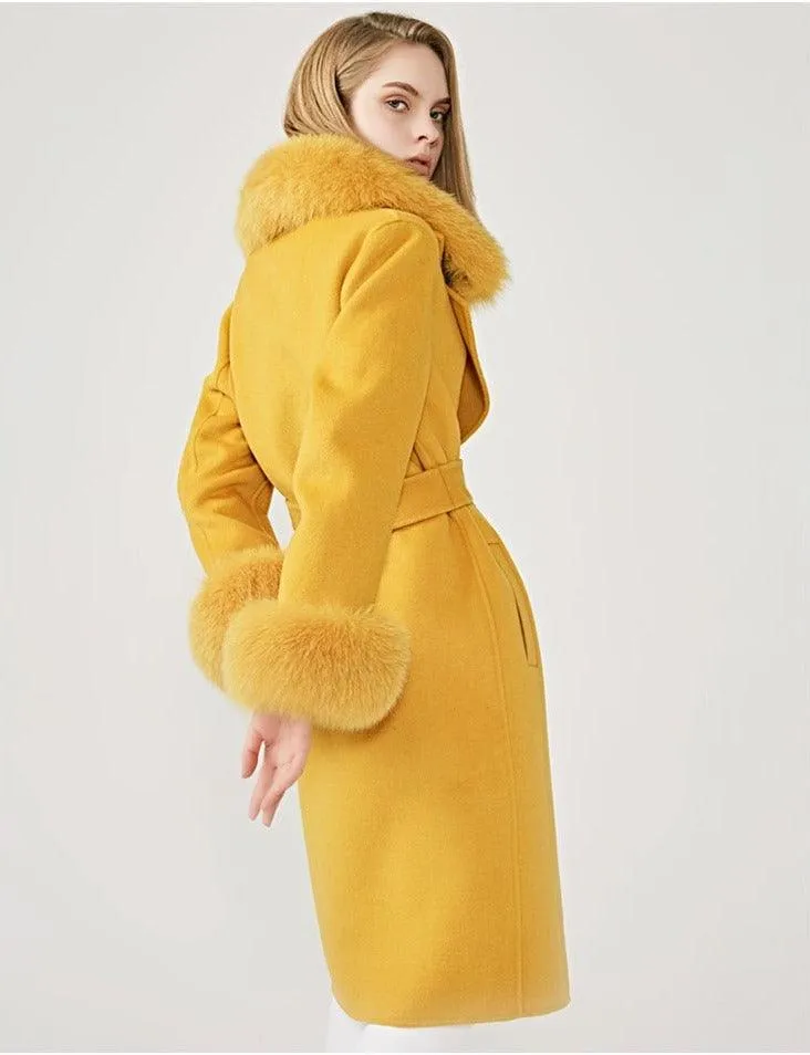 Women's Wool Coat with Spring Real Fox Fur Collar