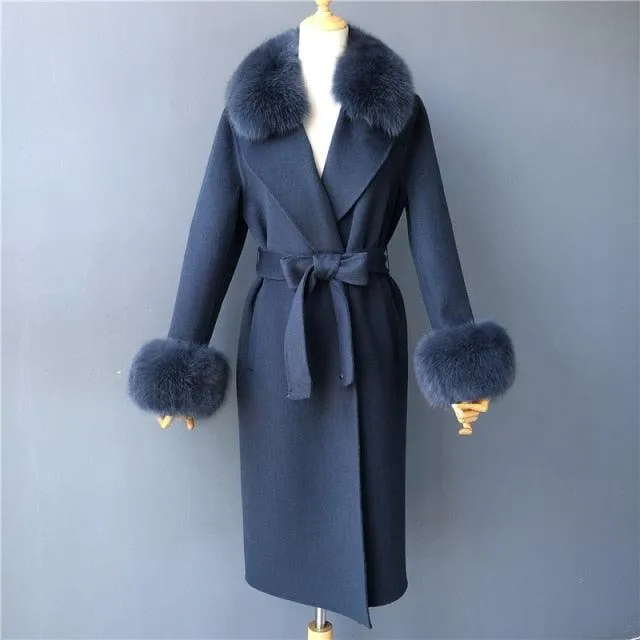 Women's Wool Coat with Spring Real Fox Fur Collar