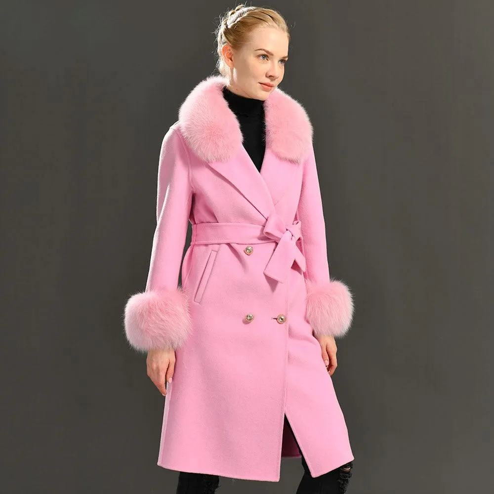 Women's Wool Coat with Spring Real Fox Fur Collar