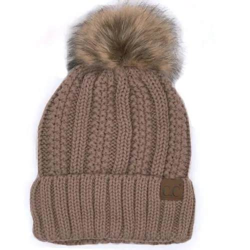 YJ-820 SHERPA LINED BEANIE W/FAUX FUR POM - TAUPE