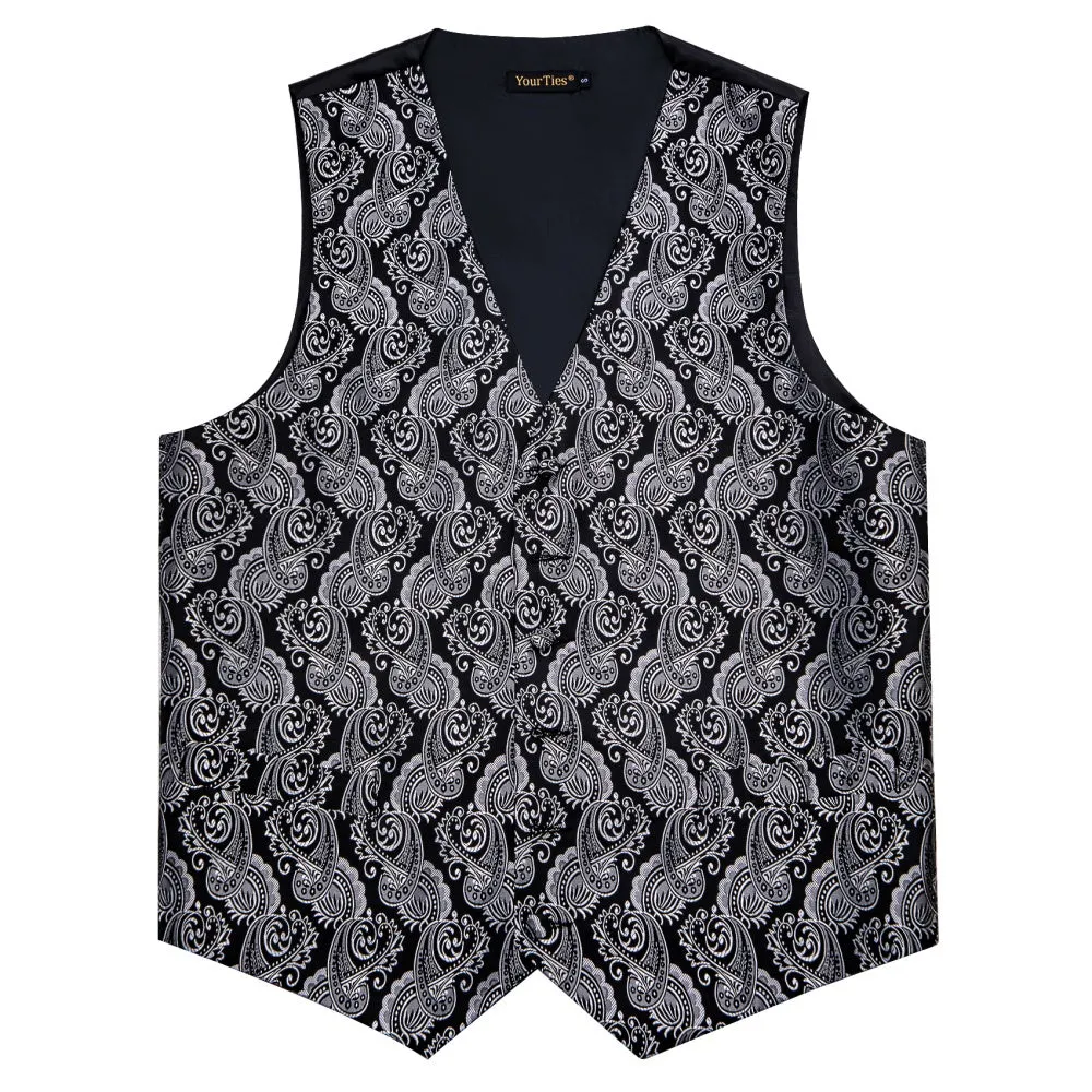 YourTies Black Silver Paisley Wedding Waistcoat Men's V-Neck Vest Necktie Set