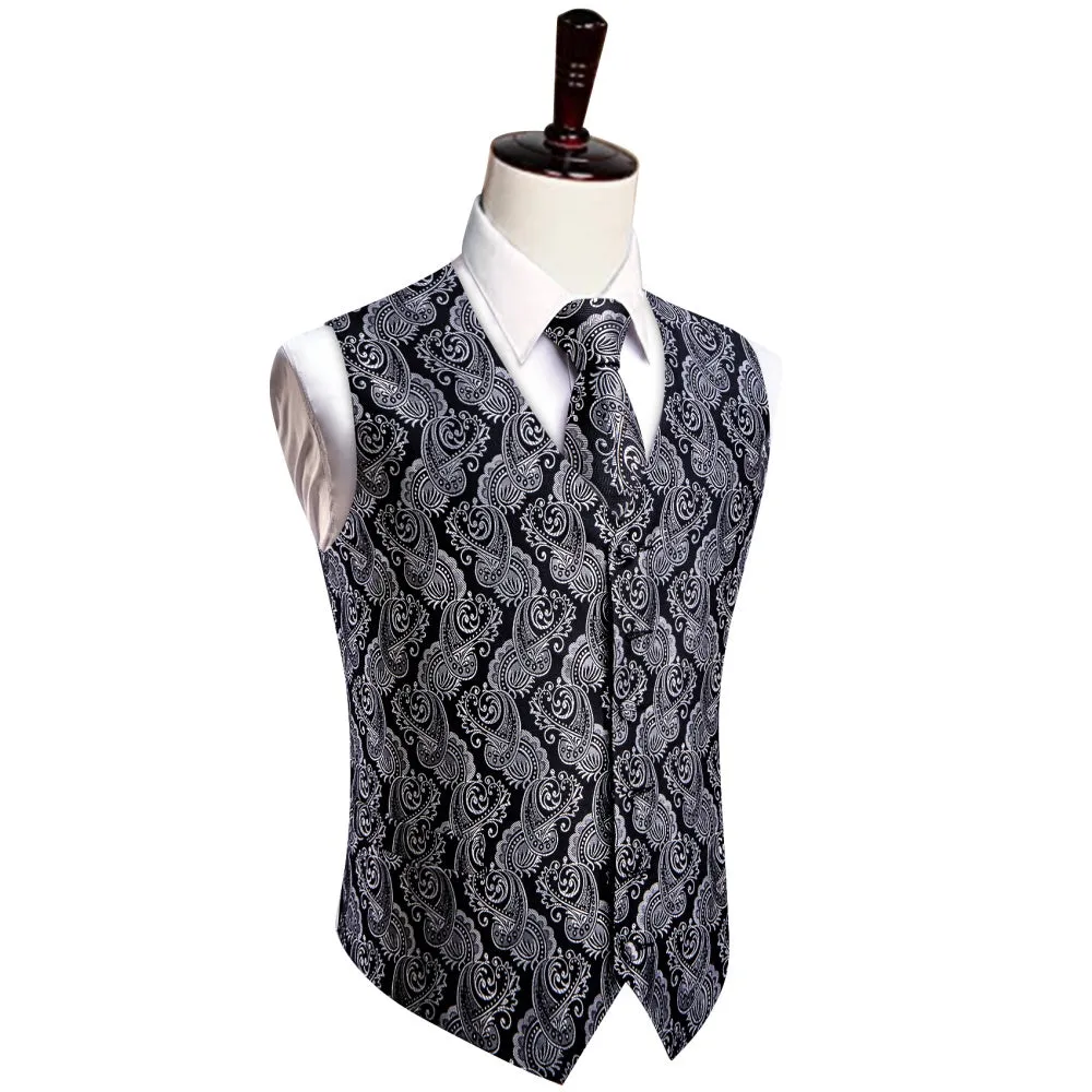 YourTies Black Silver Paisley Wedding Waistcoat Men's V-Neck Vest Necktie Set